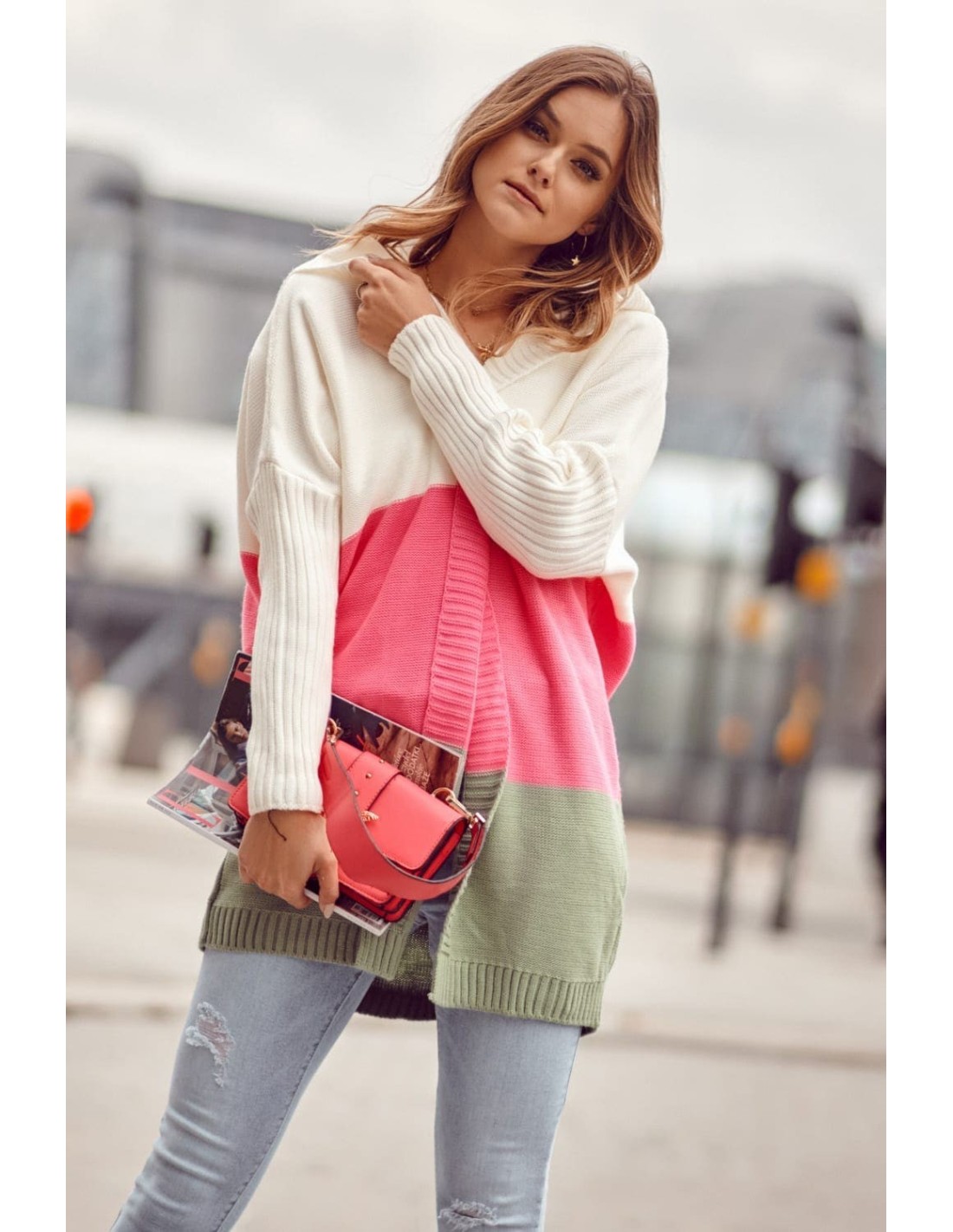 Cardigan dama in dungi cu gluga, roz fluo si masliniu 3210303 - Magazin online - Boutique